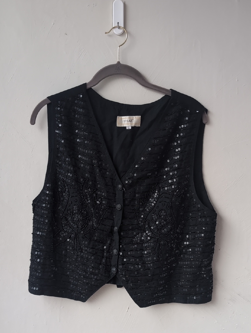OTSAR Black Sequin & Beaded V-Neck Button Vest